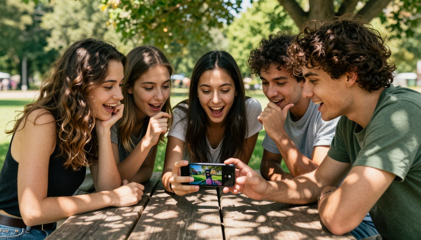 Diverse group of three friends looking at smartphone together in sunny park Diverse group of three friends looking at smartphone together in sunny park