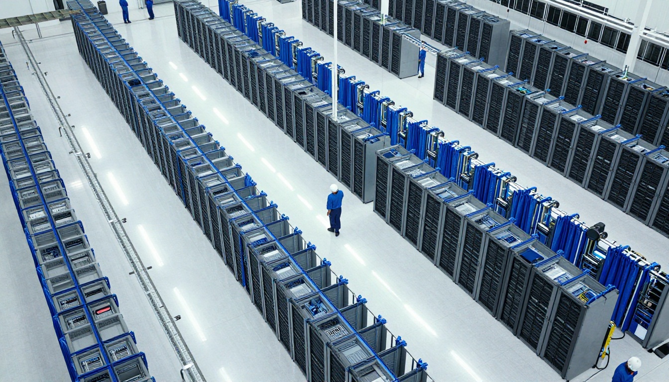 Aerial view of data center floor showing server grid infrastructure Aerial view of data center floor showing server grid infrastructure