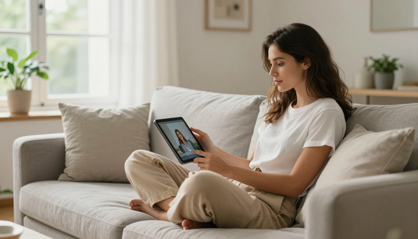 Woman watching completed AI video on a tablet Woman watching completed AI video on a tablet