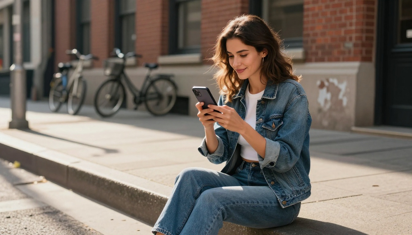Woman sitting on urban steps holding smartphone with city background Woman sitting on urban steps holding smartphone with city background
