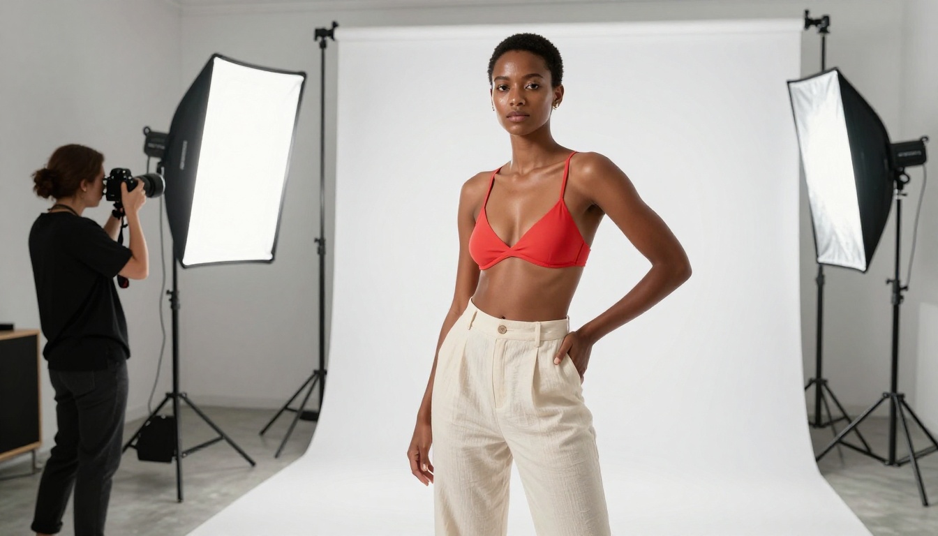 Professional fashion photography studio with model and lighting setup
