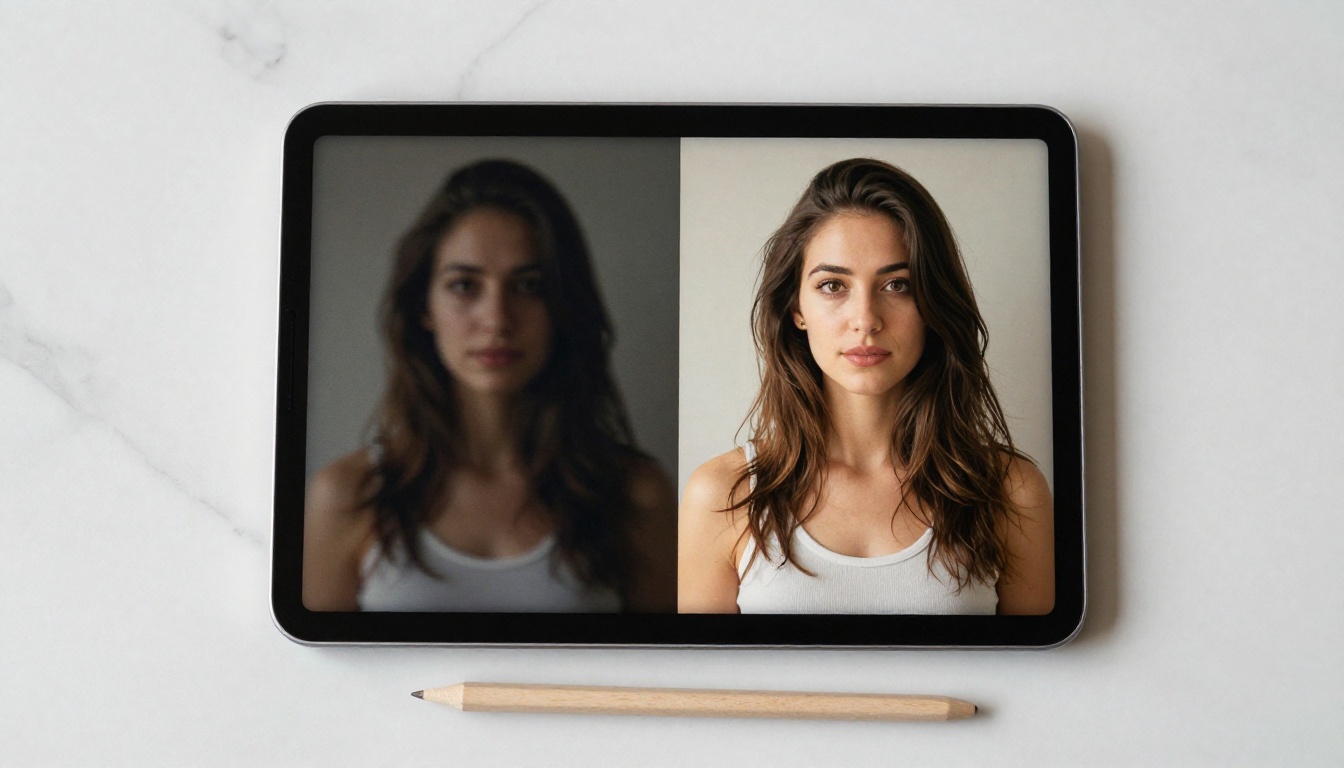 Tablet showing AI diffusion process, blurry noise resolving to photorealistic portrait Tablet showing AI diffusion process, blurry noise resolving to photorealistic portrait