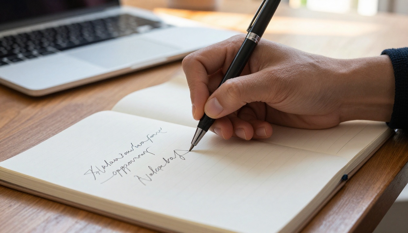Hand writing prompt notes on paper beside a laptop Hand writing prompt notes on paper beside a laptop