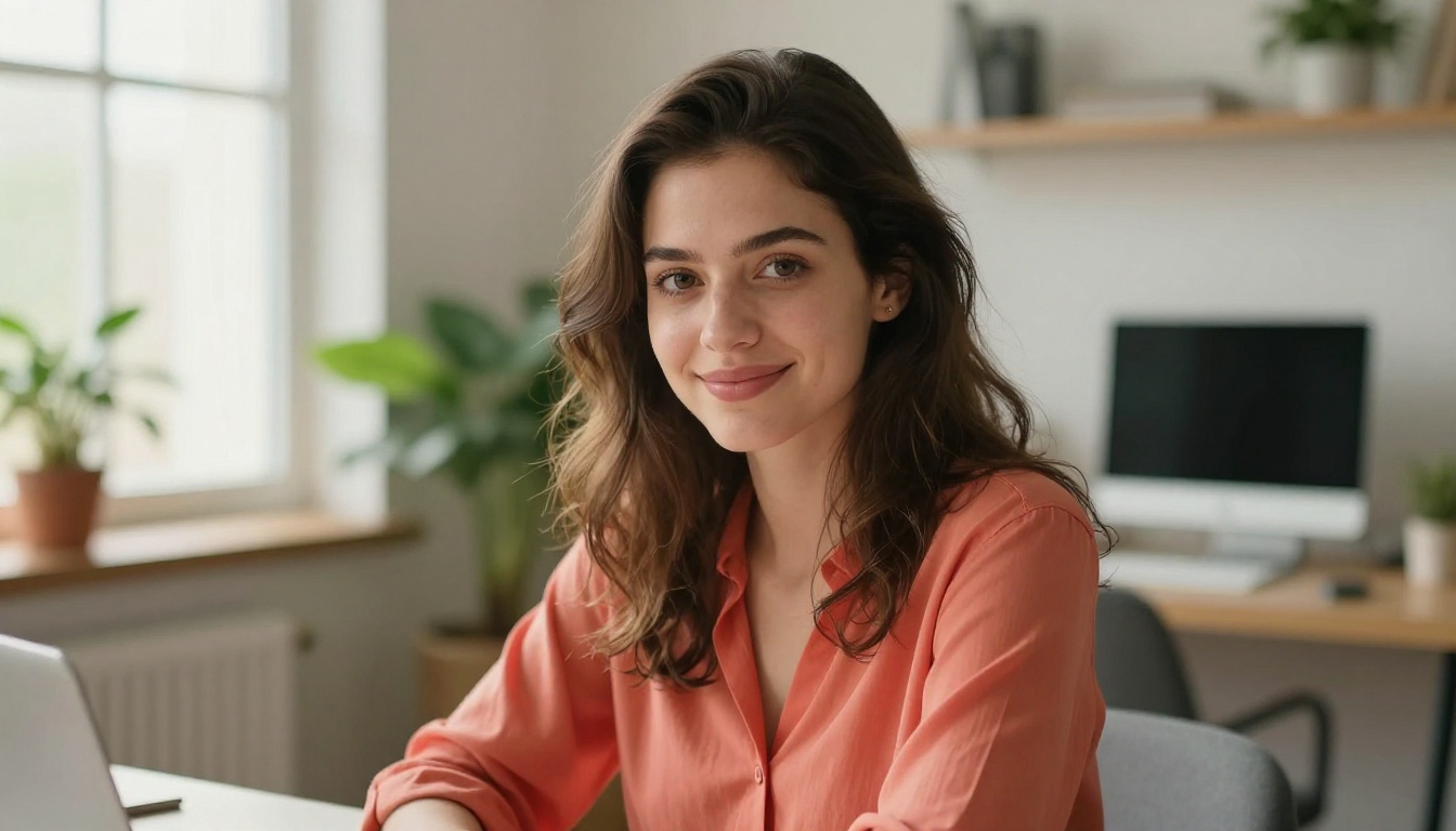 Woman with confident smile ready to create AI videos Woman with confident smile ready to create AI videos