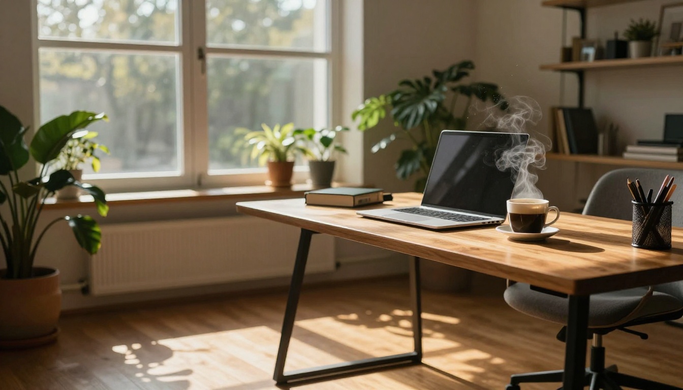 Cozy home office workspace with warm morning sunlight Cozy home office workspace with warm morning sunlight