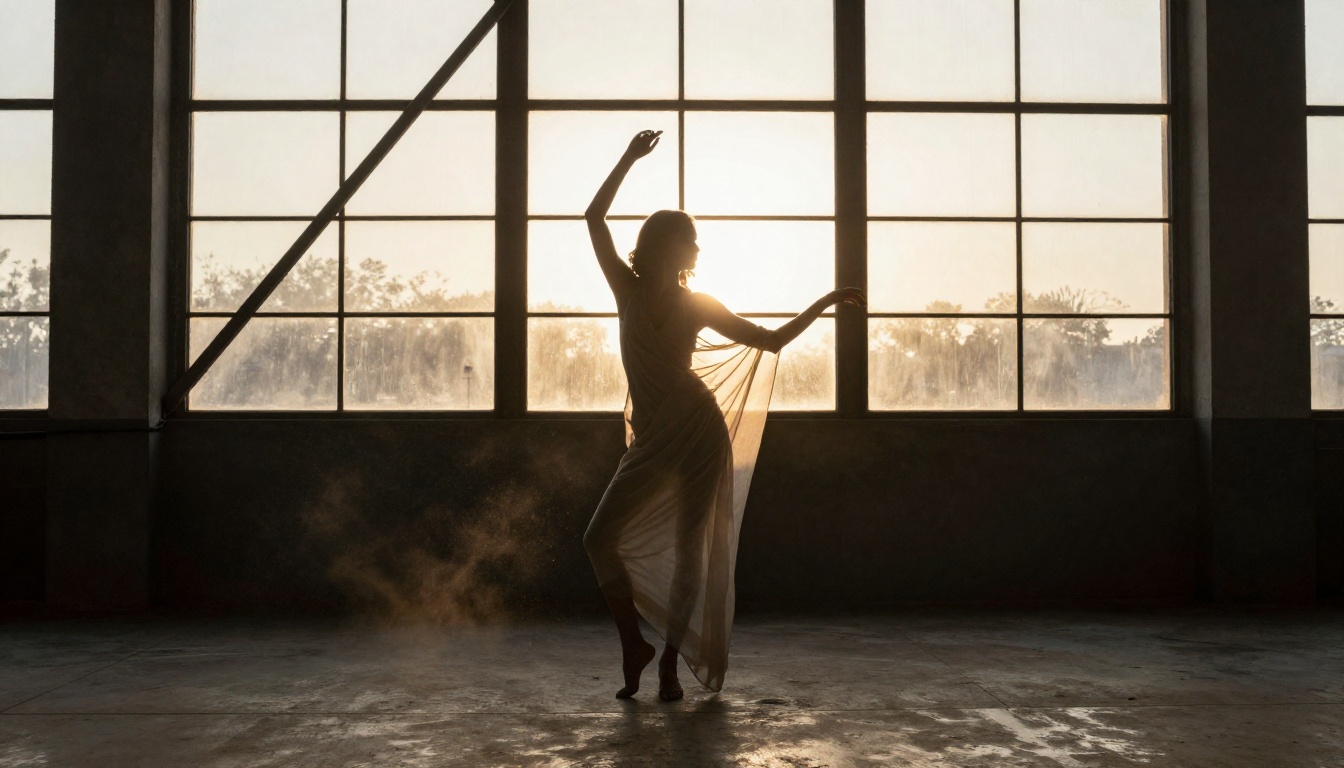 Fine art photography silhouette of a woman against backlit industrial warehouse window
