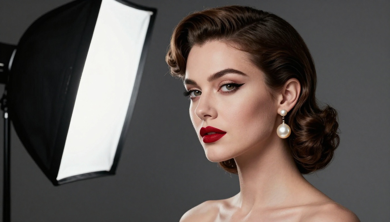 Glamour portrait with deep red lips, Hollywood wave hair, and perfect studio lighting