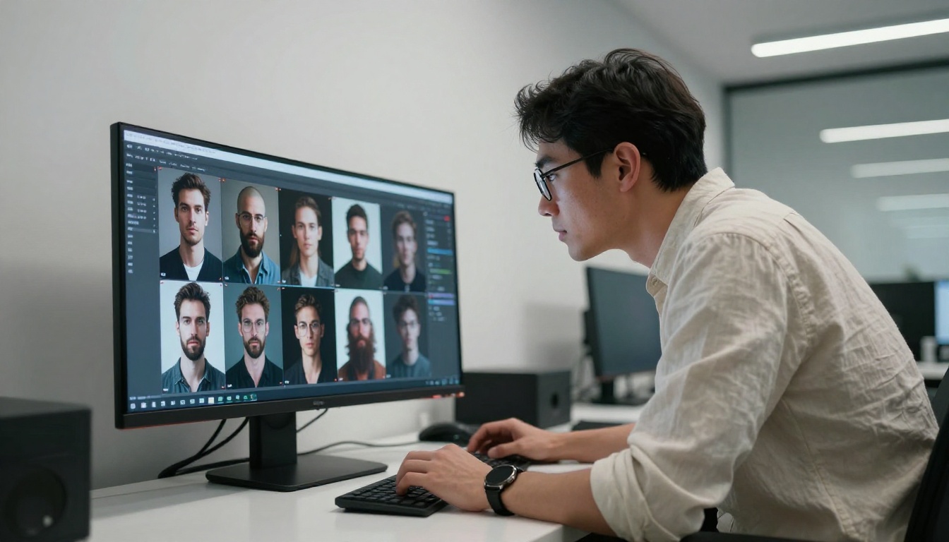 Photographer reviewing a grid of AI-generated portrait images on a wide studio monitor