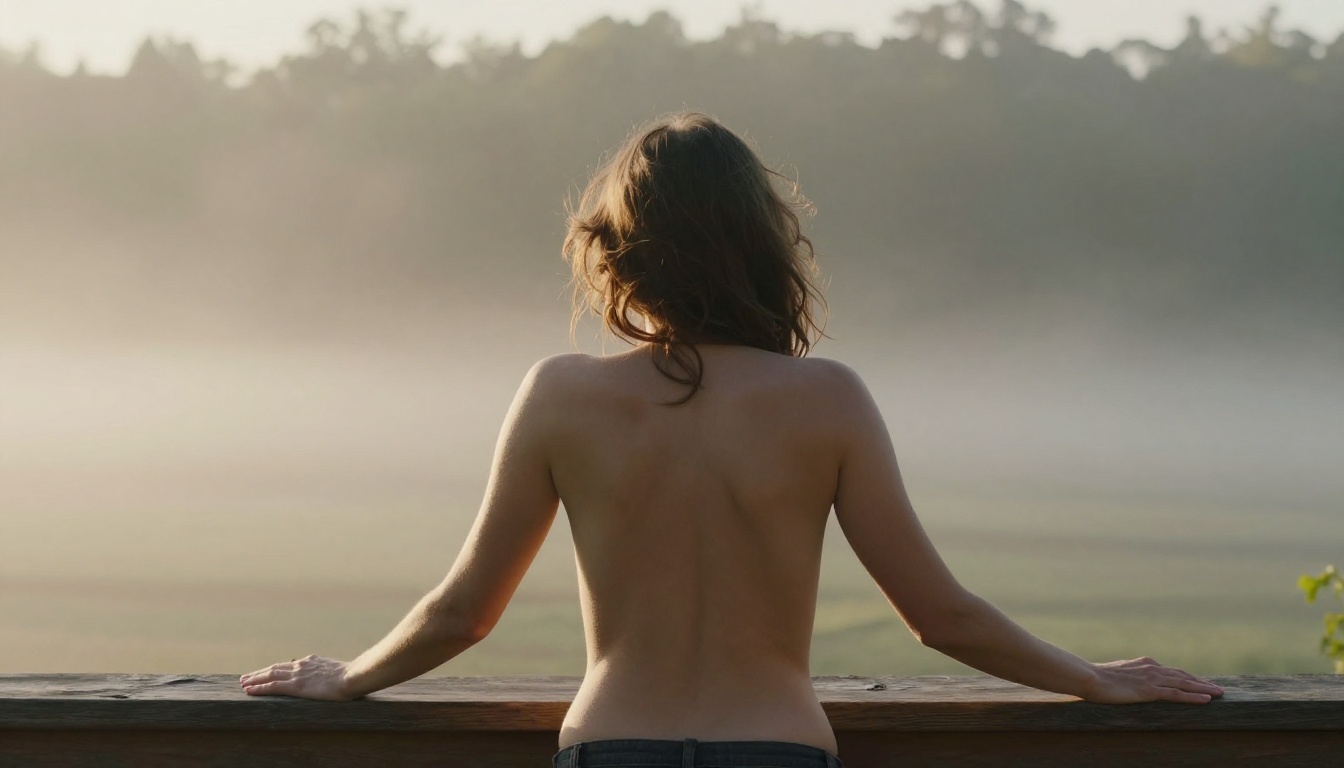 Woman viewed from behind on a sunrise deck overlooking misty forest valley, implied fine art nudity Woman viewed from behind on a sunrise deck overlooking misty forest valley, implied fine art nudity
