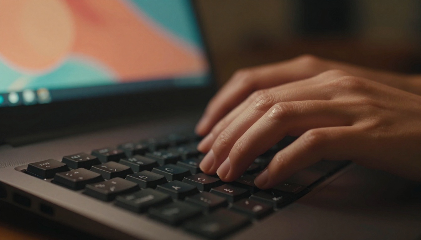 Close-up of feminine hands typing on a mechanical keyboard with colorful AI image bokeh in background
