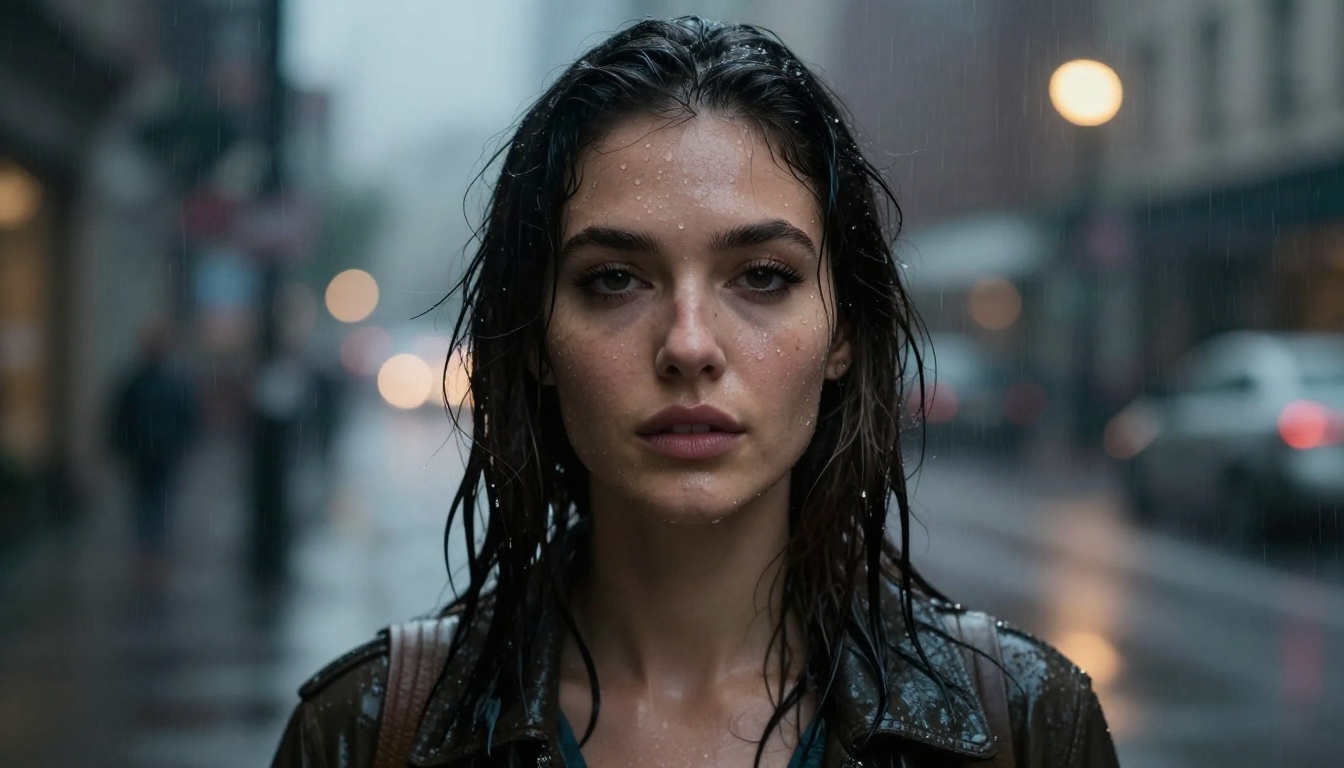 Close-up portrait in the rain, natural raindrops on skin, photorealistic detail under street lamp Close-up portrait in the rain, natural raindrops on skin, photorealistic detail under street lamp