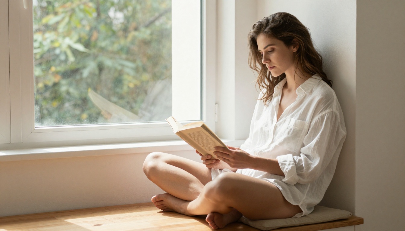 Woman in oversized white linen shirt sitting at a sunlit window seat in a minimalist apartment Woman in oversized white linen shirt sitting at a sunlit window seat in a minimalist apartment