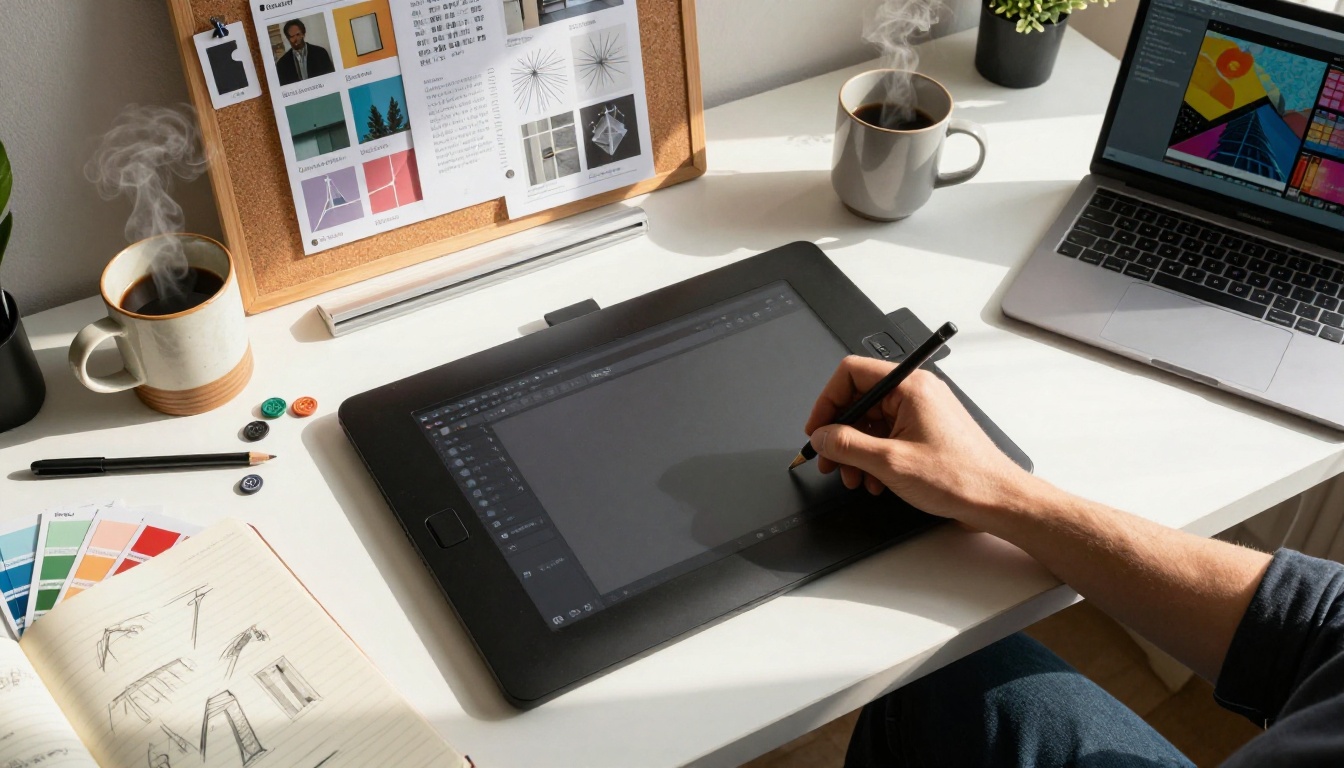 Aerial overhead view of a creative designer's organized desk with graphics tablet, color chips, notebook sketches, and laptop