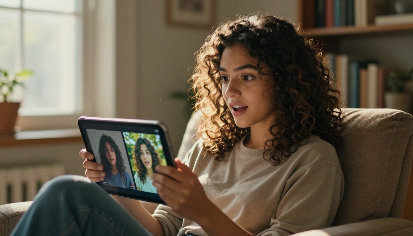 Young woman with curly hair holding a tablet showing a side-by-side AI image comparison with a surprised expression