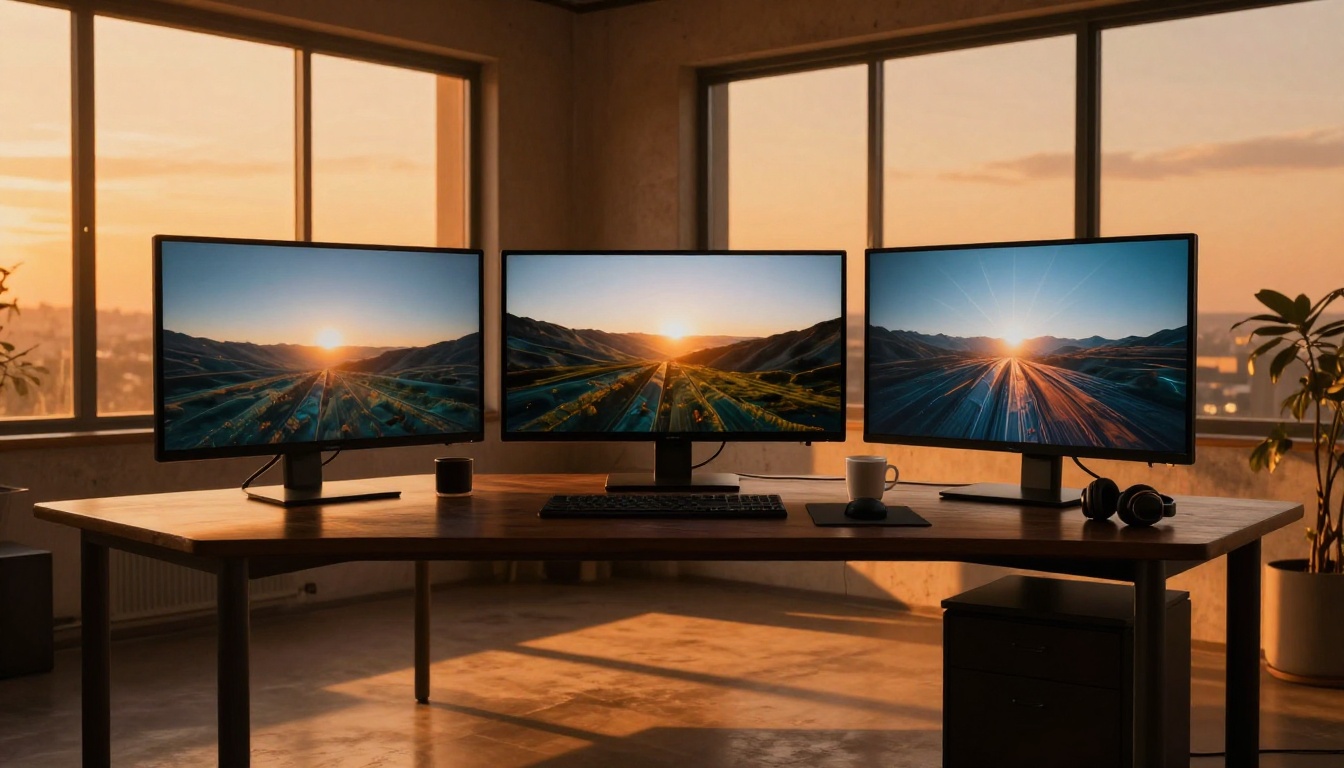 Three large widescreen monitors in a golden-hour studio showing different AI-generated samples