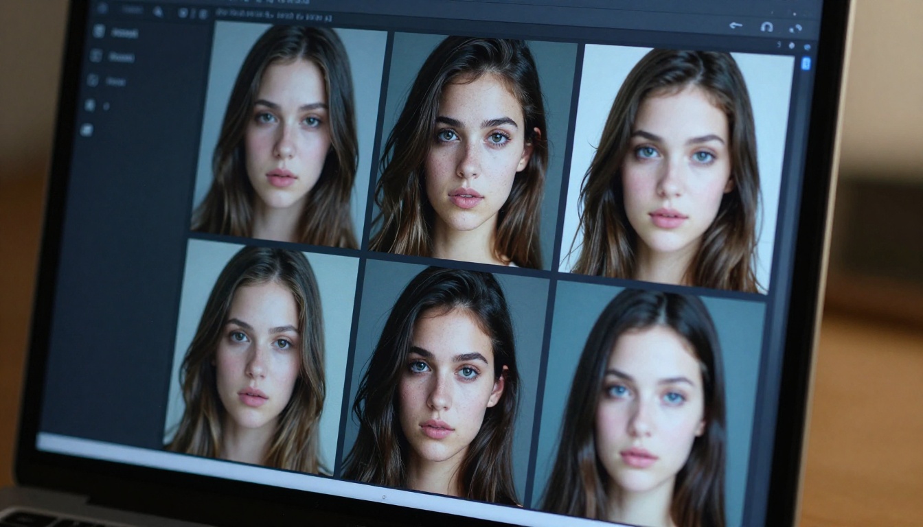 Close-up of a laptop screen showing a grid of six photorealistic AI-generated portraits on a dark UI interface