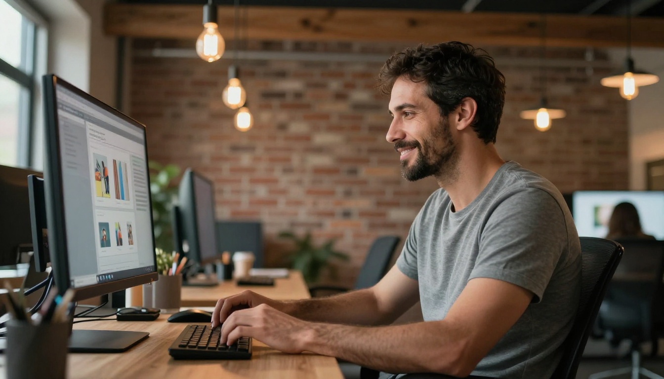 Bearded man in an industrial loft office smiling while scrolling through AI generation results on a vertical monitor