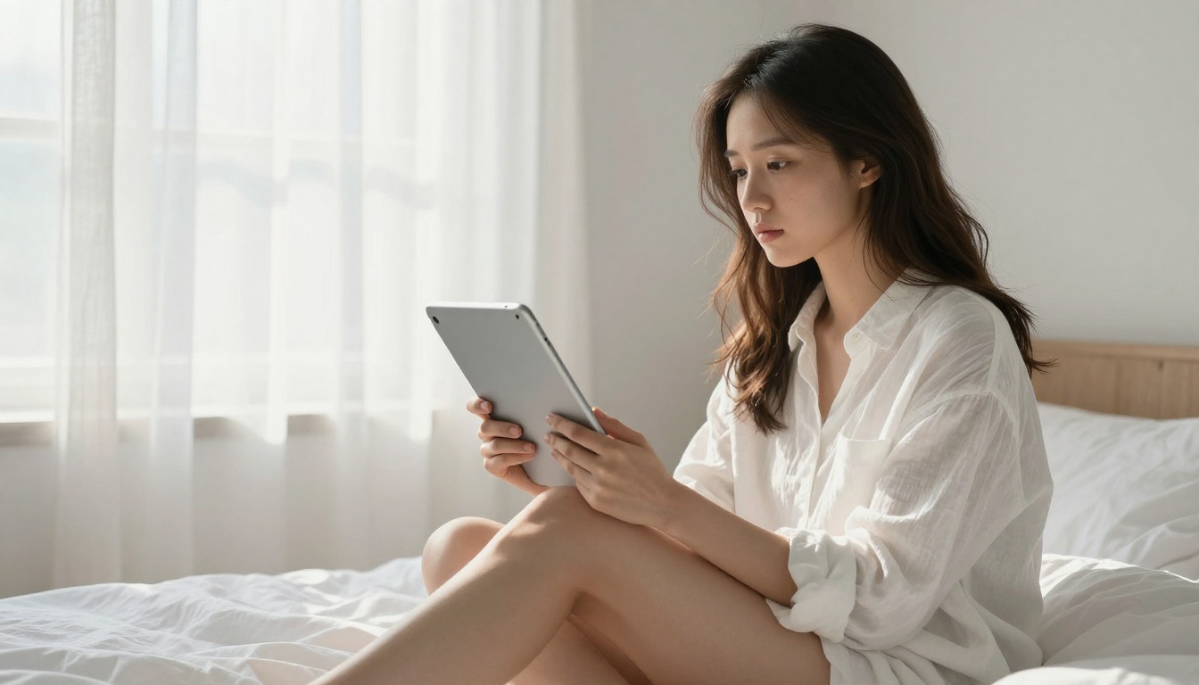 Young woman reading tablet in morning light