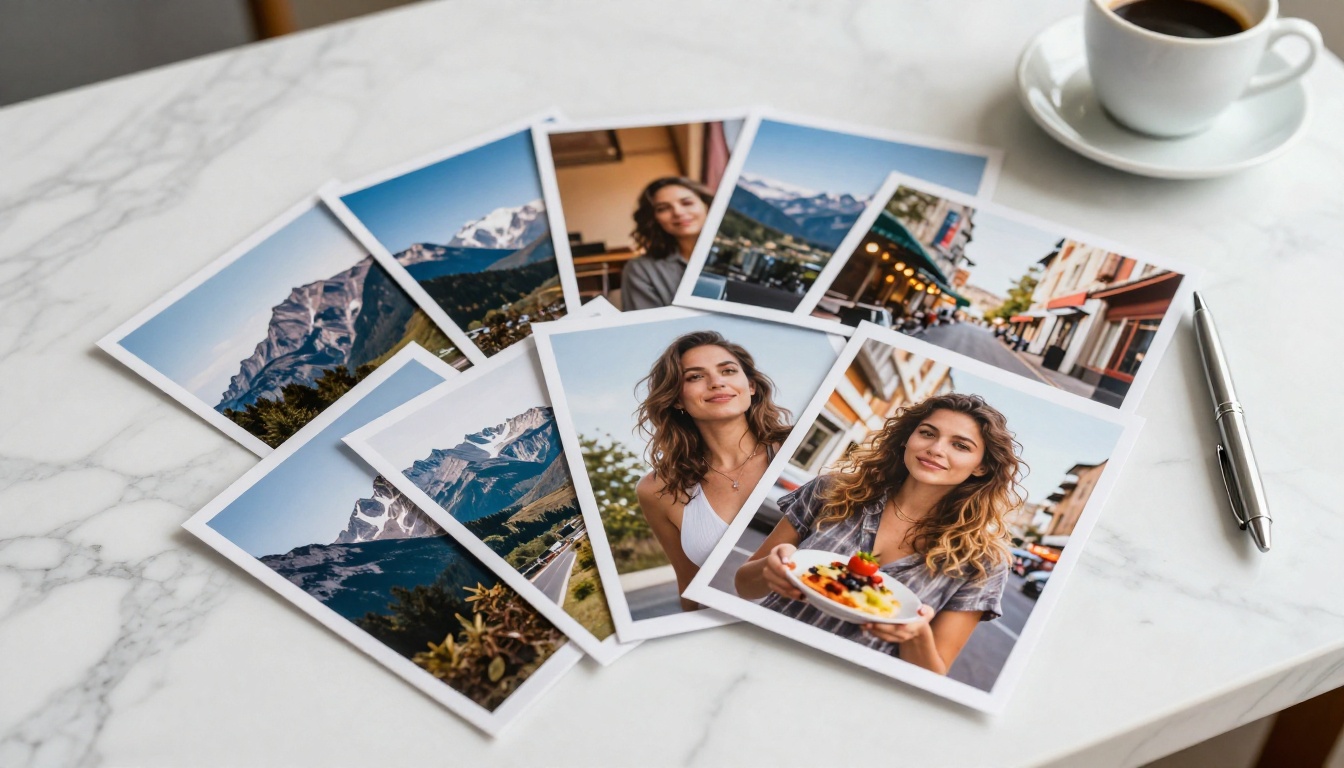 Flat lay of printed AI-generated photographs fanned out on a white marble surface next to a coffee cup and silver pen