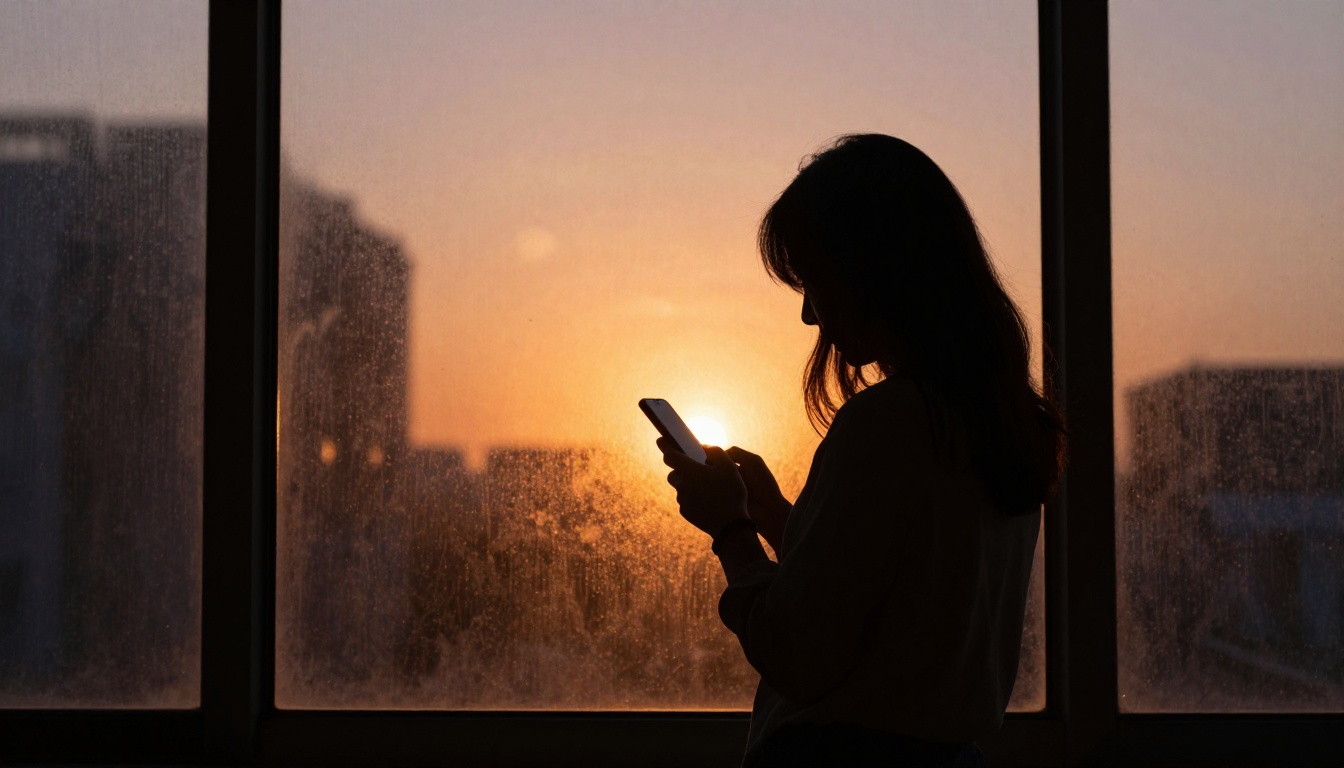 Woman silhouette at frosted window at dusk