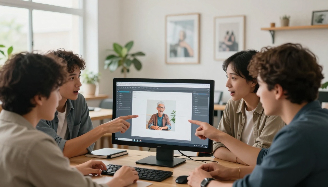 Three creative professionals gathered around a monitor showing AI image generation tools, pointing and discussing results