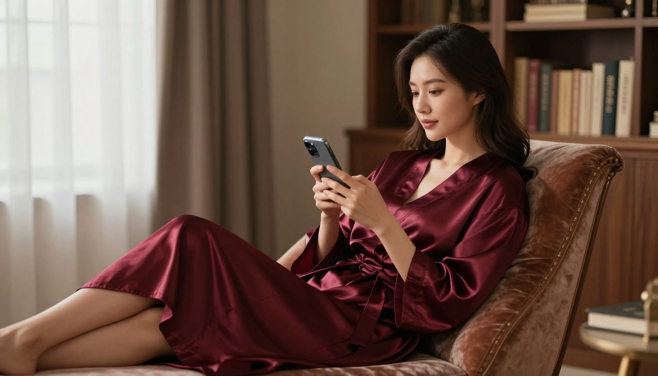 Elegant woman in silk robe reading on chaise lounge