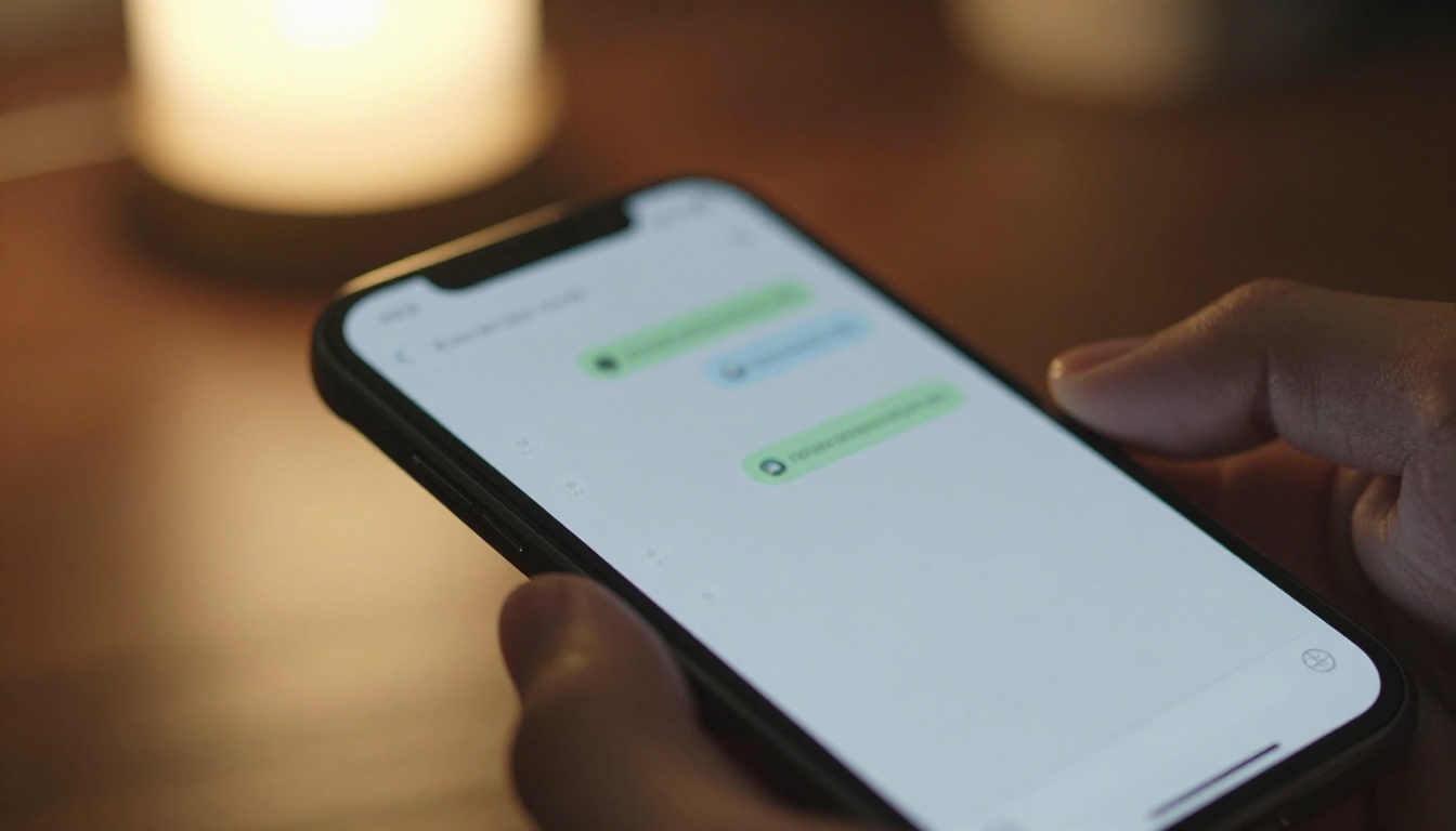 Close-up macro of smartphone chat interface in hands
