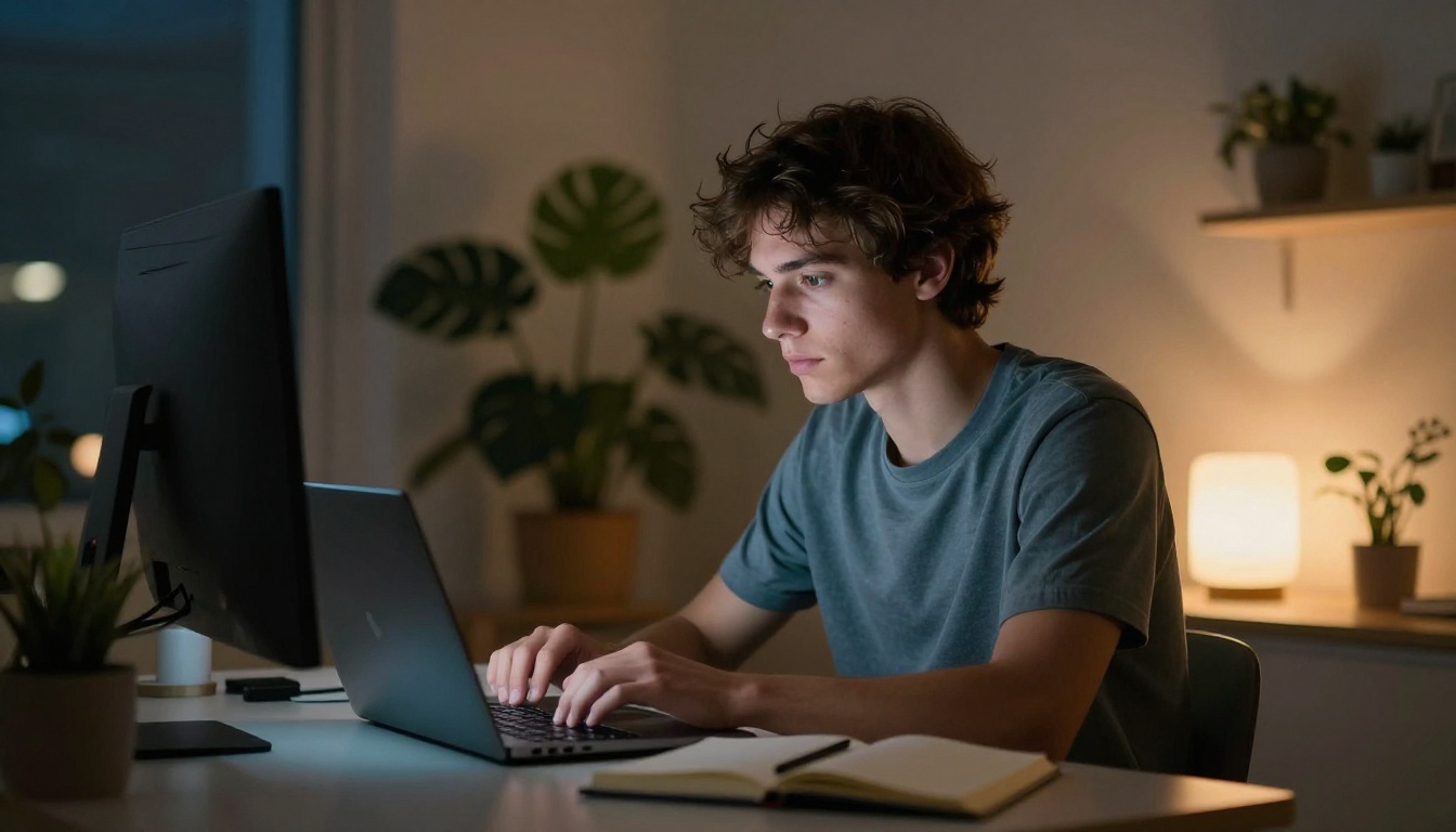 Man at home desk at night with laptop