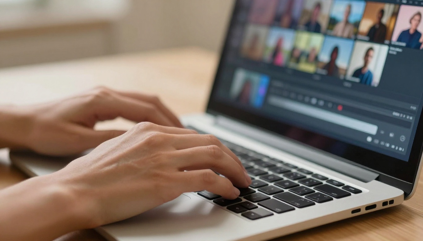 Hands typing on laptop with AI video interface