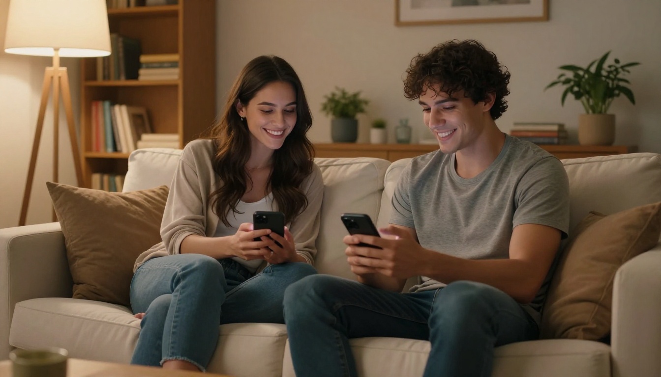 Two friends on couch sharing phone screen