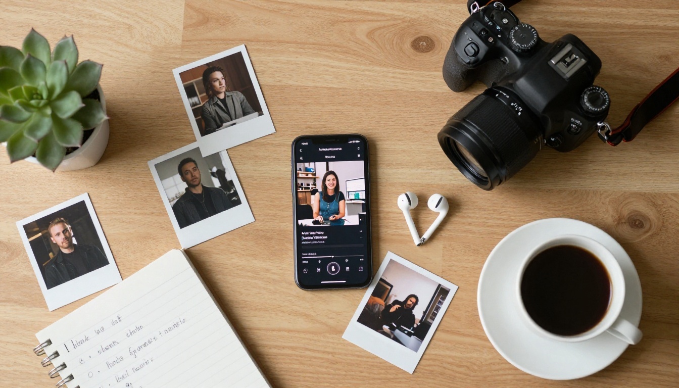 Aerial flat-lay of creative workspace tools