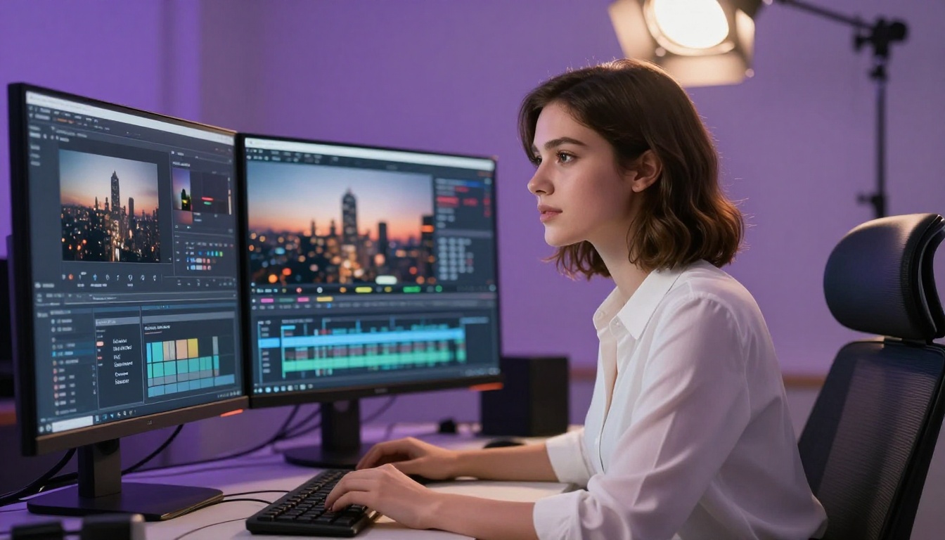 Woman at dual-monitor video editing workstation
