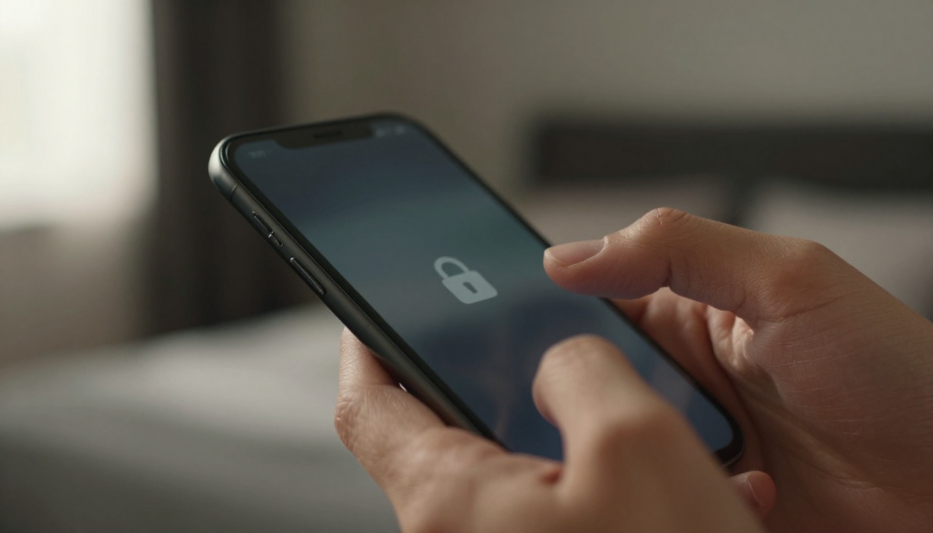 Hand holding phone with lock screen