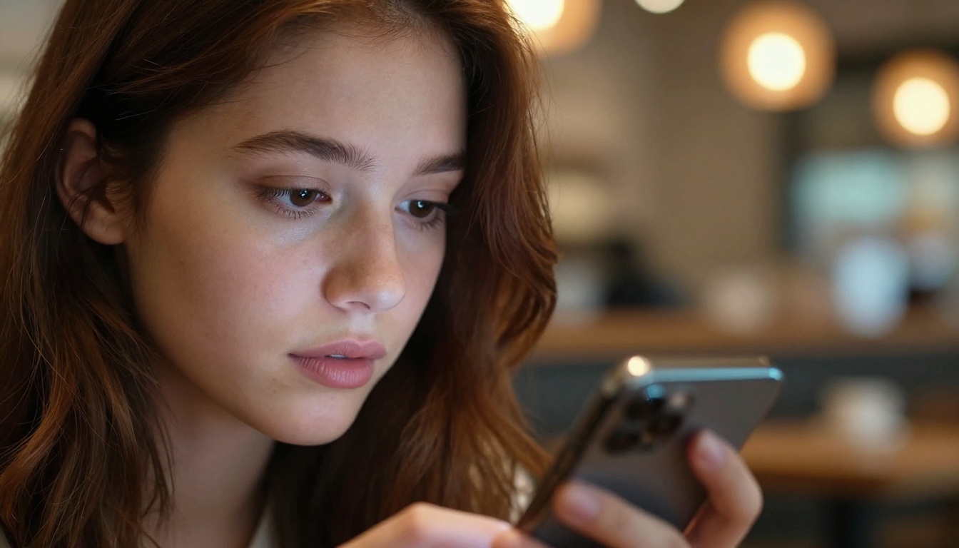 Woman checking AI video app on phone in cafe