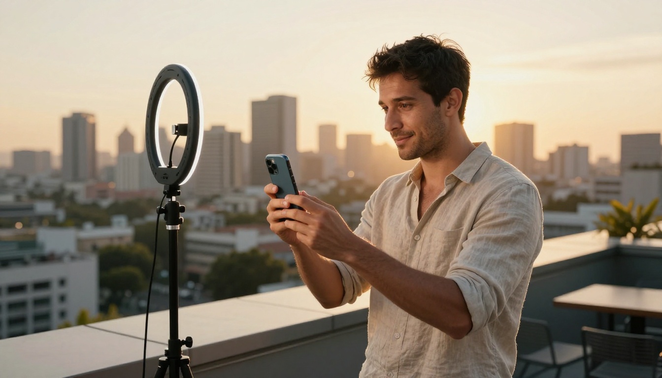 Man on rooftop filming himself with smartphone
