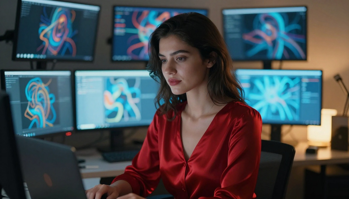 Woman seated at desk surrounded by glowing AI image monitors, red satin dress, cinematic screen light Woman seated at desk surrounded by glowing AI image monitors, red satin dress, cinematic screen light