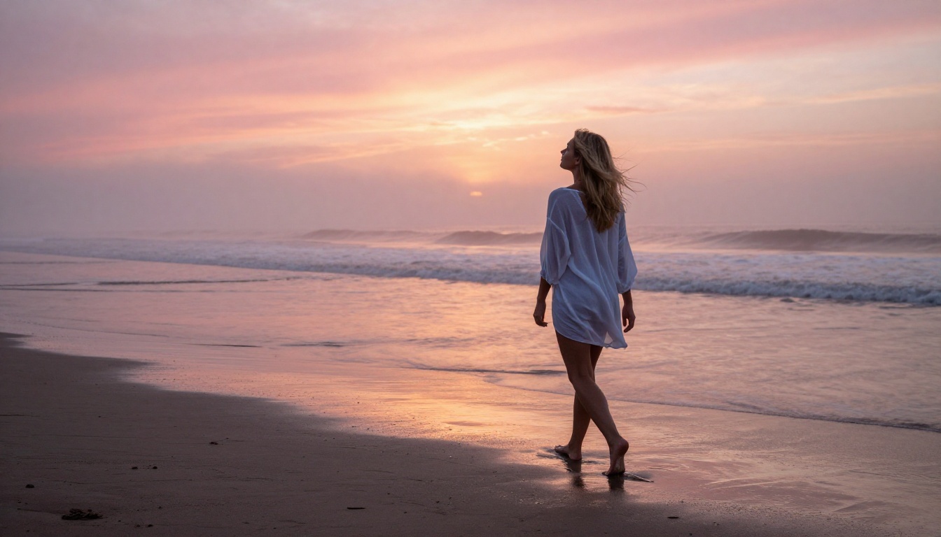 Woman in sheer beach cover-up walking along deserted shoreline at sunrise, golden mist, wide angle Woman in sheer beach cover-up walking along deserted shoreline at sunrise, golden mist, wide angle
