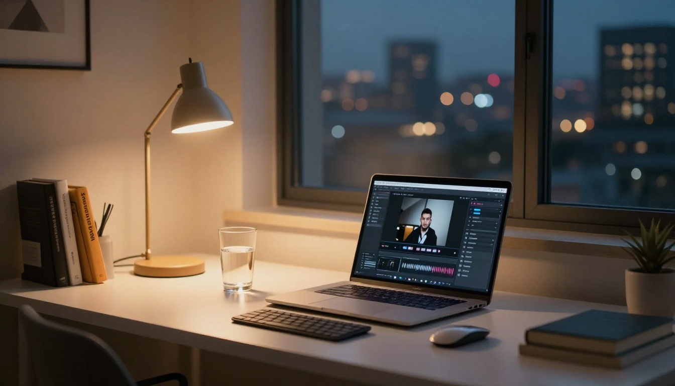 Home office at night with laptop open