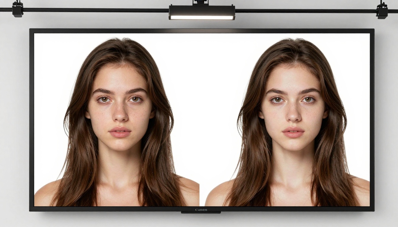 Side by side AI portrait comparison on studio monitor wall, overhead softbox lighting, visible screen detail Side by side AI portrait comparison on studio monitor wall, overhead softbox lighting, visible screen detail