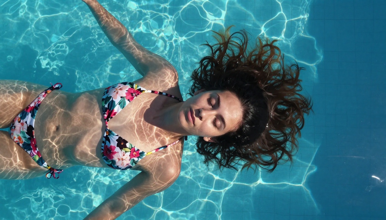 Woman in floral bikini floating in crystal-clear pool, aerial overhead view, caustic light patterns on skin Woman in floral bikini floating in crystal-clear pool, aerial overhead view, caustic light patterns on skin
