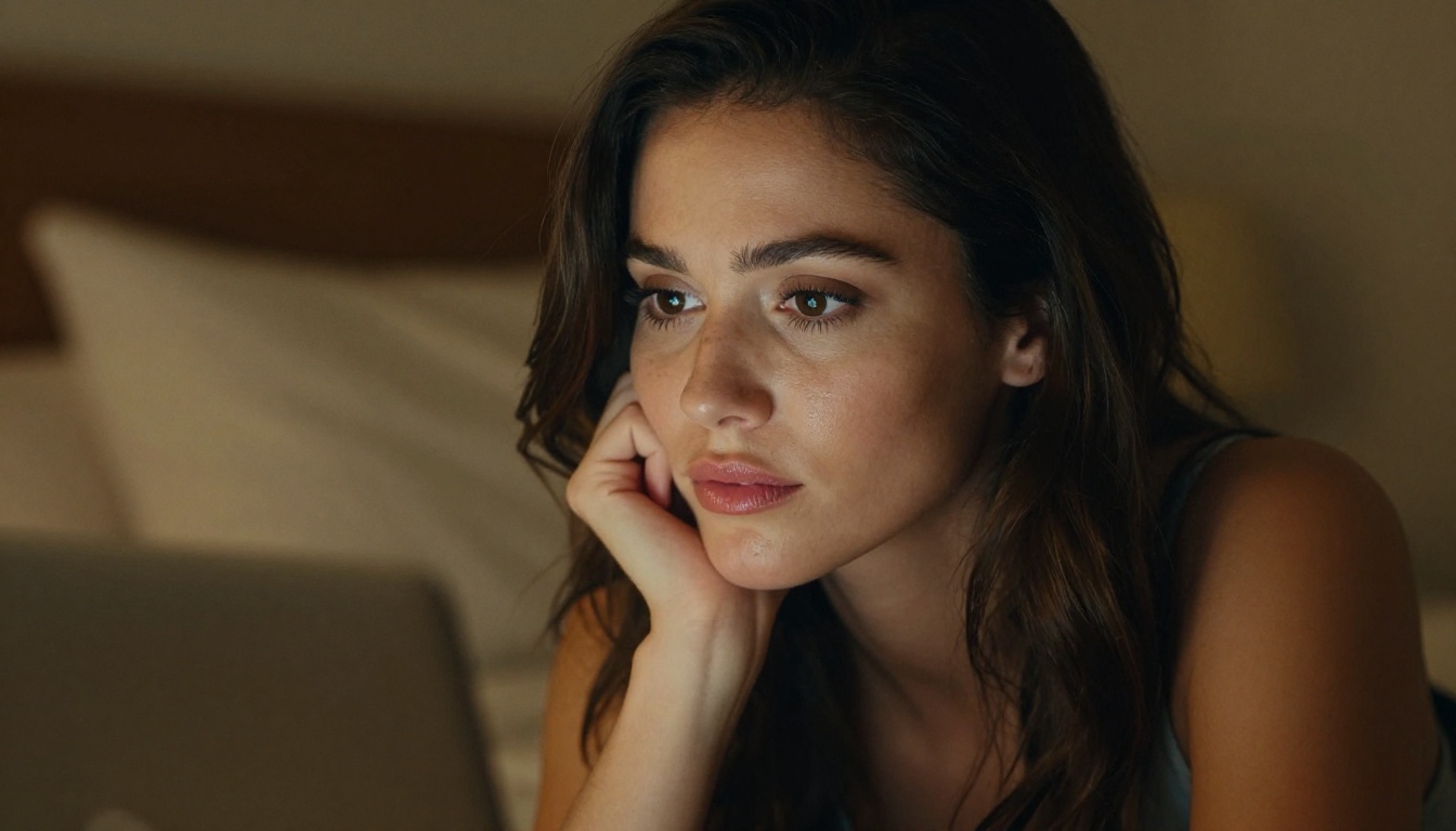 A woman at a laptop in warm light, expression thoughtful and intrigued