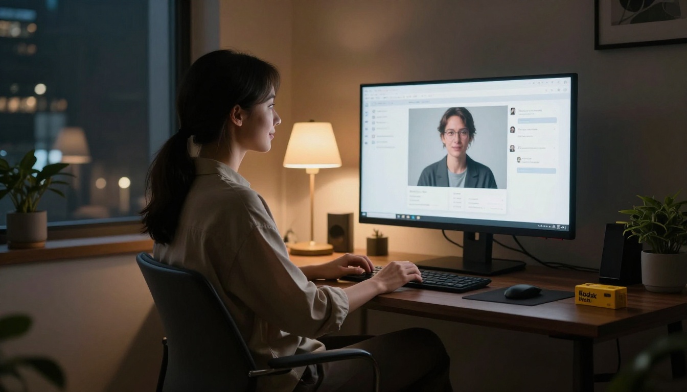 Wide shot of a woman in a cozy home office at night, smiling at an ultrawide monitor