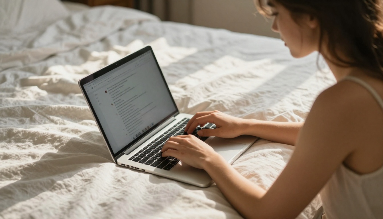 An over-the-shoulder view of a woman typing on a laptop in bed with warm morning sunlight