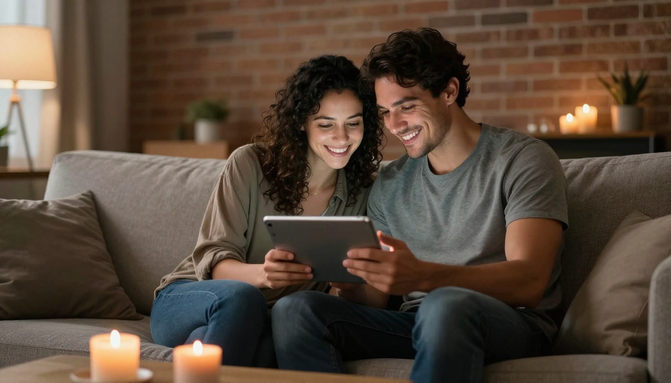 An attractive couple on a sofa sharing a tablet screen, warm evening light and brick wall behind