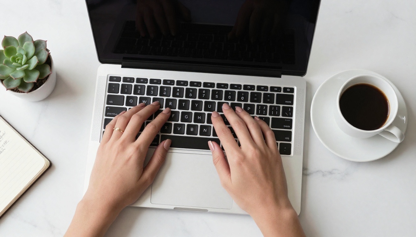 Aerial flat lay of hands typing on a white laptop, coffee cup and succulent on a marble desk