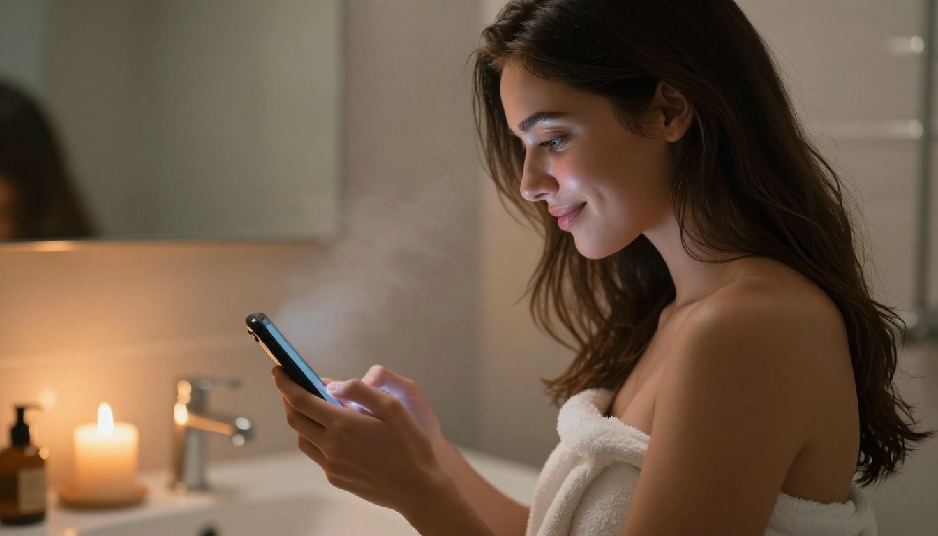 A woman wrapped in a white towel reading her phone in a warm candlelit bathroom A woman wrapped in a white towel reading her phone in a warm candlelit bathroom