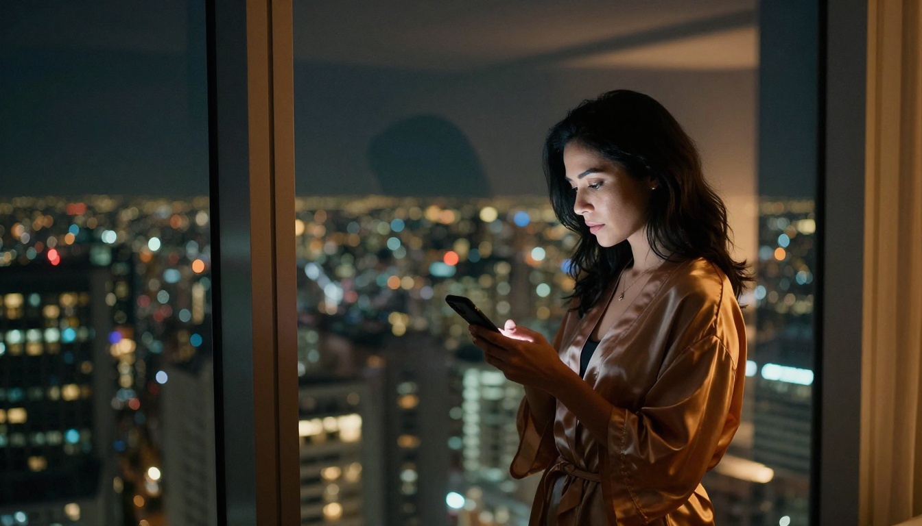 A woman in a silk robe at floor-to-ceiling windows at night, city lights behind, looking at her phone A woman in a silk robe at floor-to-ceiling windows at night, city lights behind, looking at her phone
