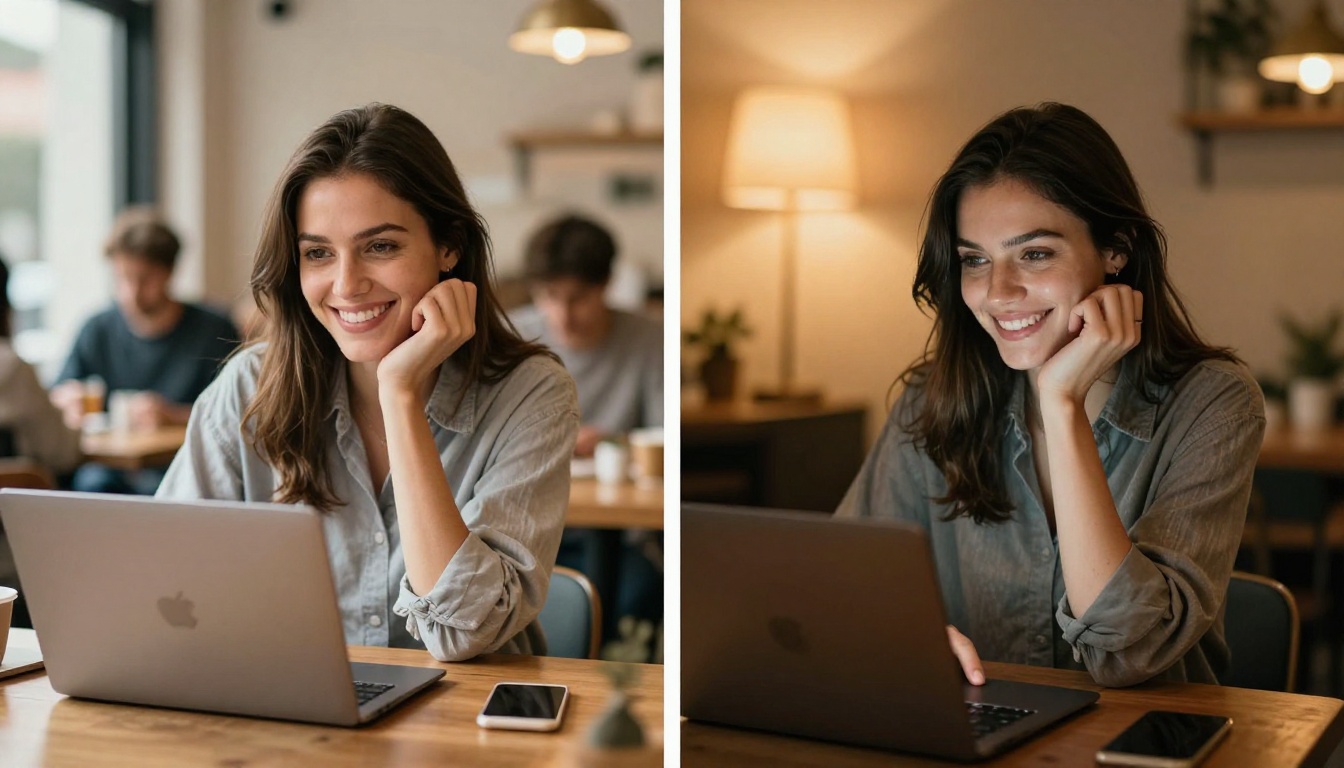 A woman smiling at a laptop in a cafe on one side and in a warm home setting on the other, split composition A woman smiling at a laptop in a cafe on one side and in a warm home setting on the other, split composition