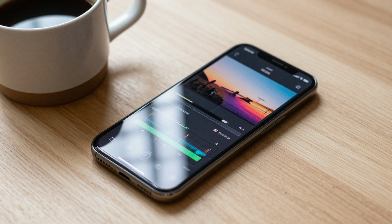 Phone on desk with video editing interface
