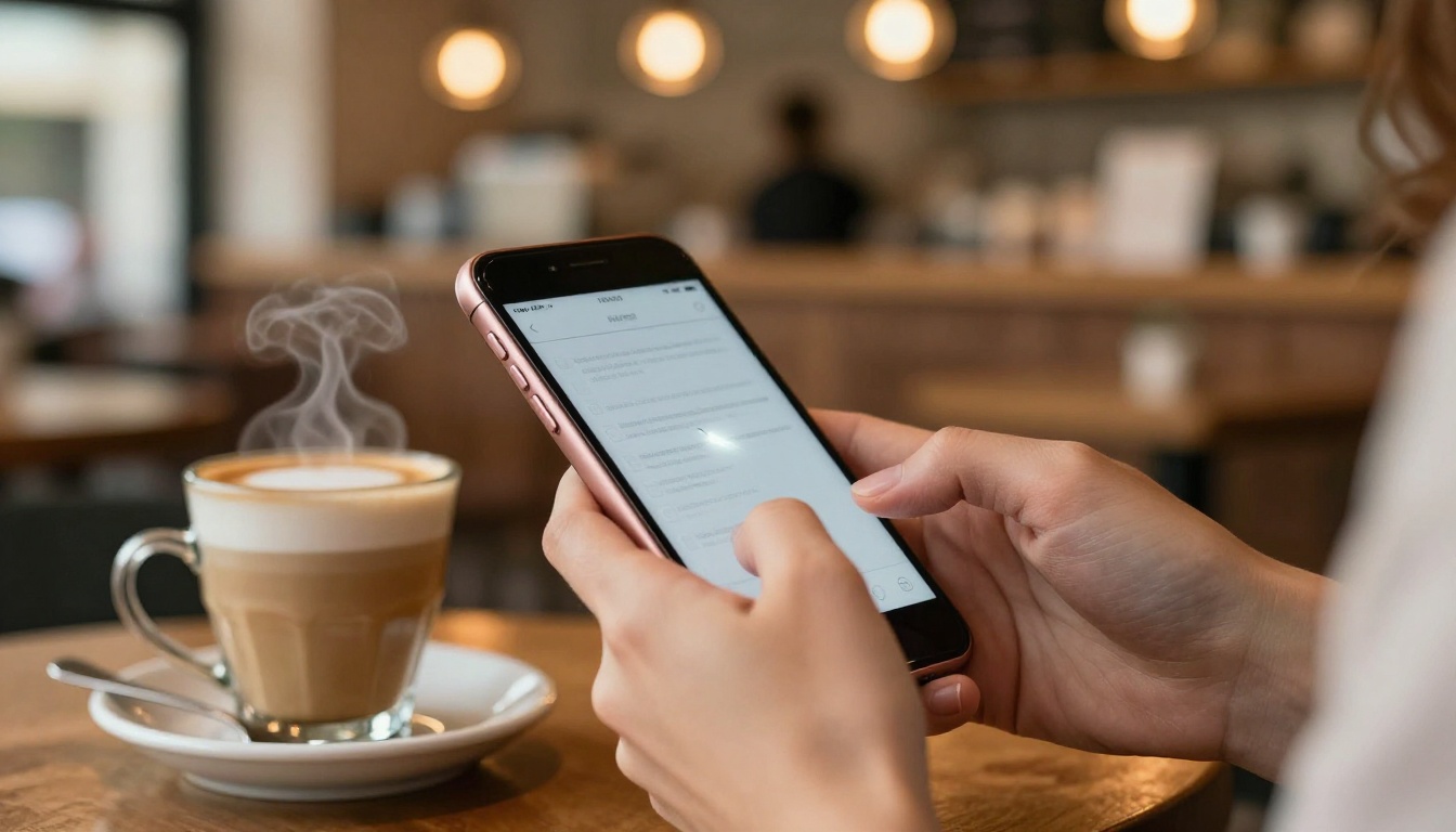 Woman typing a video prompt on phone in cafe
